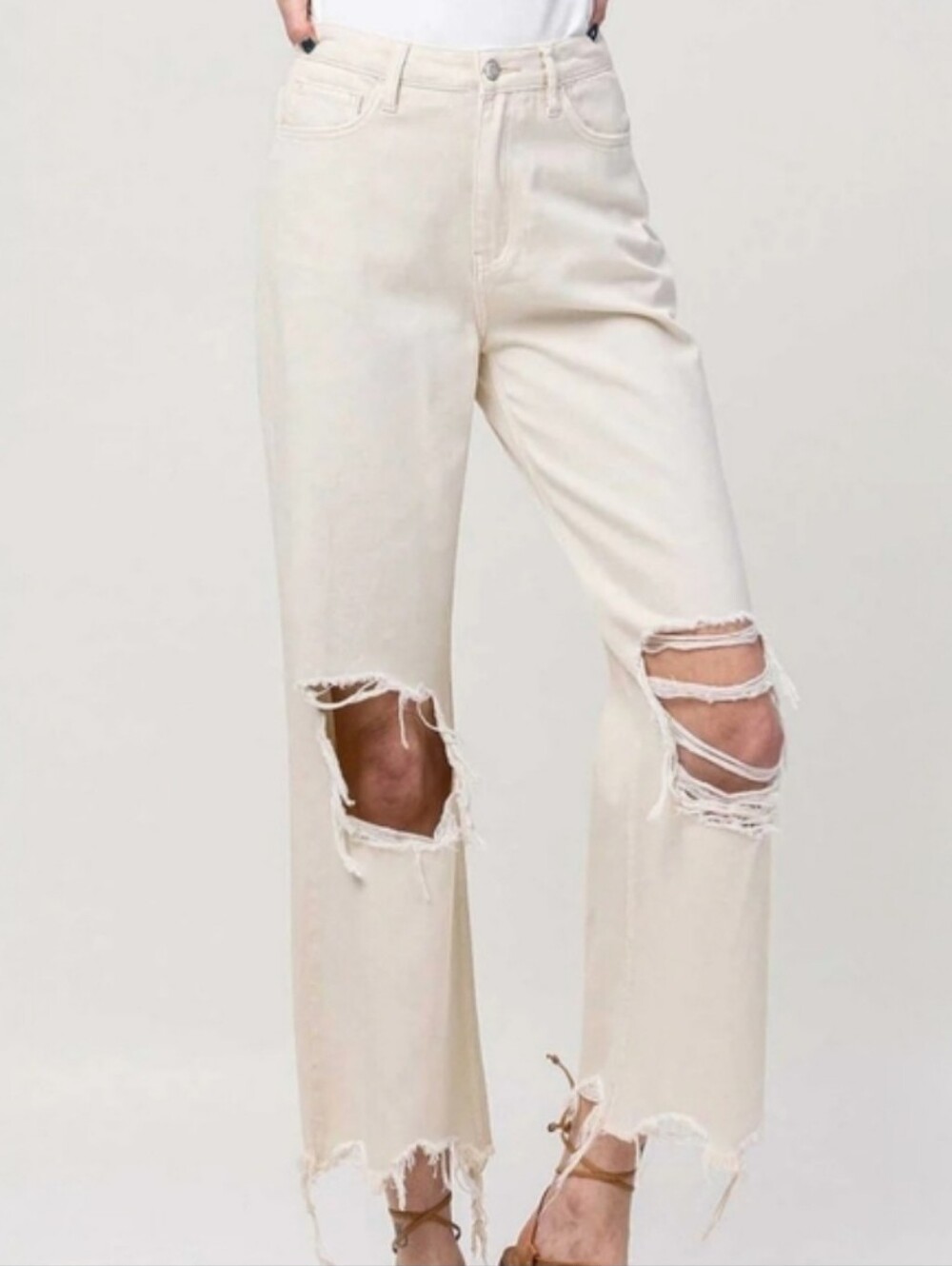 Vervet by Flying Monkey Leslie High Rise 90s Distressed Cropped Jeans Cream 27 - Picture 5 of 10